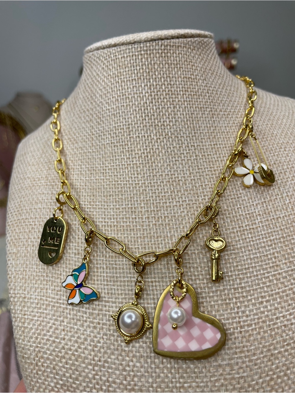 Gold-Tone Pink Heart Charm Necklace with Pearls by